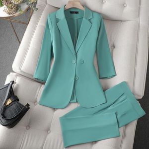Dames tweedelige broek Women Business Suits met 2 set tops en elegante groene lente zomer professioneel kantoorwerk slijtage broekblazers