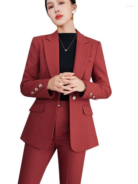 Pantalones de dos piezas para mujer, ropa de trabajo de negocios, traje de pantalón rojo café negro a cuadros, chaqueta y pantalón de oficina para mujer, 2 conjuntos formales para mujer
