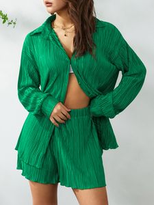 Dames tweedelige broek Vrouwen Casual 2 PCS Kleding Set Solid Color Ruched Long Sleeve Button Down Shirts met shorts Suit 5 kleuren SMLXL 230202