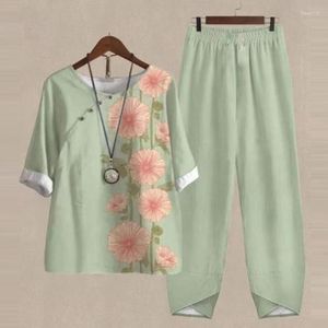 Pantalones de dos piezas para mujer, conjunto informal suelto para media manga, pantalón largo, traje liso con estampado de primavera y verano