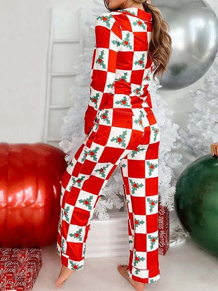 Pantalones de dos piezas para mujer Conjunto de pijama navideño para mujer Camisas de manga larga con estampado de bastón de caramelo y tablero de ajedrez Camisas de manga larga Tops y 2 conjuntos de ropa de estar por casa