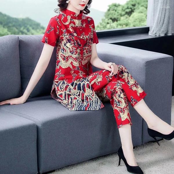 Pantalones de dos piezas para mujer Traje de lino de algodón 2024 Conjunto de moda de verano M- 4XL Madre femenina Cheongsam 2