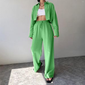 Dames tweedelige broek vrouwen crop tops elastische taille set casual button blouse palazzo pant elegant zacht gezellig kleur kantoor dame suit