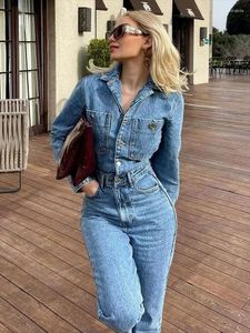 Dames Tweedelige broek Dames Denim Jumpsuit Vrouw Jean Overalls Lange mouw Elegante jumpsuits Y2k Street chic 2024 Turn Down Kraag Vintage