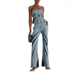 Femmes Deux Pièces Pantalons Femmes Denim Ensembles 2023 Couleur d'été Correspondant Évider Court Débardeur Taille Haute Longue Flare Jeans Ensemble