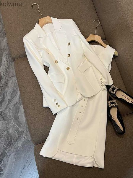 Pantalones de dos piezas para mujer Mujeres elegante moda traje blanco chaqueta chaqueta abrigo top y vestido sin mangas conjunto de dos piezas traje casual ropa de fiesta para mujer YQ240214