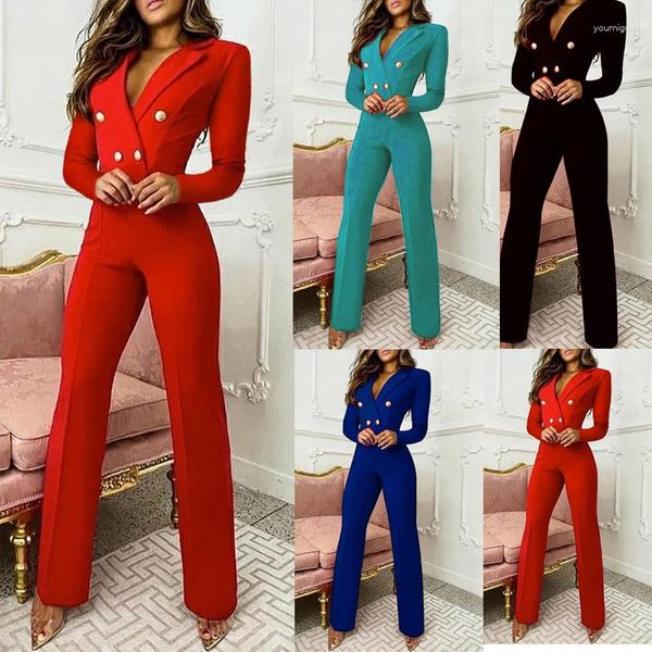 Femmes deux pièces pantalons femmes élégant Long bouton combinaisons mode revers costume couleur unie manches saut costumes pour 2023 printemps automne