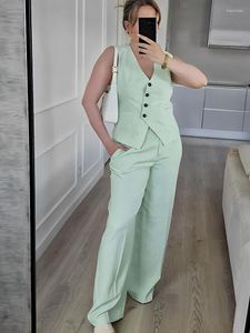 Vrouwen Tweedelige Broek Vrouwen Elegante Mouwloze Blazer Vest 2 Set Asymmetrische Effen Crop Top En Wijd Pak 2023 Zomer Kantoor Woon-werk Outfit