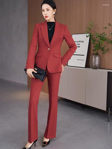 Pantalones de dos piezas para mujer Moda para mujer Traje de pantalón de negocios Rojo Café Negro Plaid Office Lady Blazer y pantalón Mujer Ropa de trabajo formal Chic