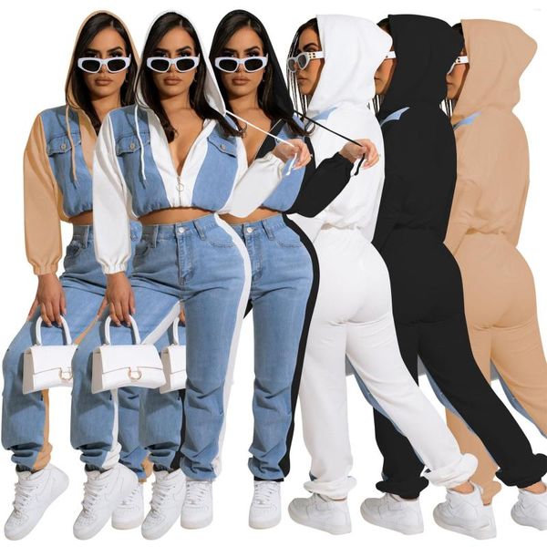 Femmes deux pièces pantalons femmes mode décontracté Denim 2 pantalons ensembles tenues 2023 automne vêtements sweats à capuche hauts courts manteaux vestes jogging costumes