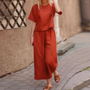 Dames tweedelige broek damesmode comfortabel katoenen linnen pak casual losse effen kleur korte mouw en lange elegante vintgae zomer