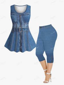 Pantalon à deux pièces pour femmes Fashion Lace Back Top Top et Capri Leggings Plus Taille Tenue 2 PIEZAS GROMMETS BOUCLE CEINTURE ZIPPER DENIM 3D