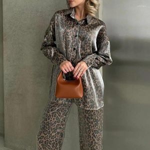 Tweedelige broek voor dames dames mode luipaard print 2pc pak elegant revers met één borsten met één borsten en rechte broek set causale lange mouw