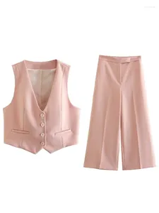 Dames tweedelige broek vrouwen mode set roze tanktops rechte been vintage v-neck single breasted vrouwelijk chic pak