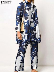 Dames tweedelige broek Dames Mode Streetwear Loungewear Set Pak Bedrukt Blouse met lange mouwen Wijde pijpen broek ZANZEA Vrijetijdsbroek Sets Outfits Oversized 230603