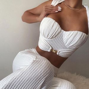 Dames tweedelige broek vrouwen mode tweedelig slanke fit set sexy laag uitgesneden camisole tanktops met hoge taille flare zomer outfit