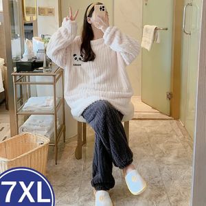 Dames Tweedelige Broek Dames Flanel Pluizige Pyjama Set Warme Trui Dames Grote maten Cartoon Pyjama Huispak Dames Winter Loungewear 7XL 231021