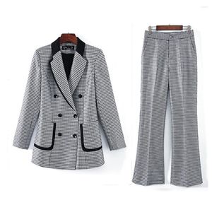 Pantalones de dos piezas para mujer Conjunto de traje de chaqueta para mujer 2 piezas Oficina de negocios Ropa formal para mujer Blazer a cuadros gris a cuadros Otoño Invierno