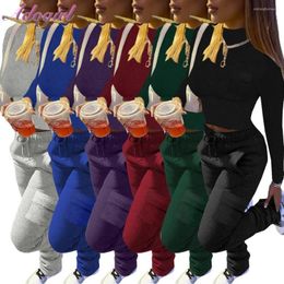 Pantalones de dos piezas para mujer Joggers para mujer Chándal Sólido de manga larga con bolsillo Crop Tops Camiseta Legging Pantalones de chándal apilados Traje Activeweat