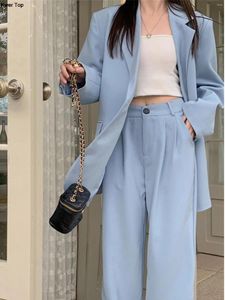 Vrouwen Tweedelige Broek Vrouwen Koreaanse Casual Blauwe Blazer Suits Office Lady Set Elegante Wijde Pijpen Broek Losse Jassen Outfits mode