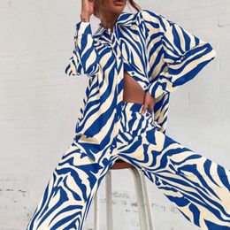 Pantalon de deux pièces pour femmes Femmes Chemise à revers Large Jambe 2pcs Dames Tops Lâche Ensemble Simple Boutonnage Mode Simple Zebra Imprimé Streetwear
