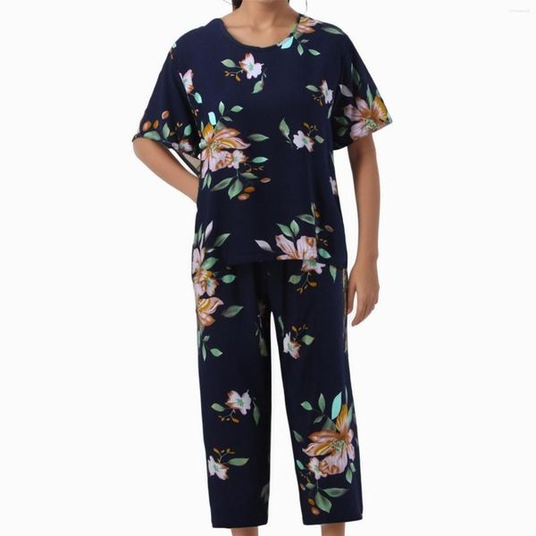 Femmes deux pièces pantalons femmes grande taille coton imprimé fleuri costume printemps été lâche loisirs hauts à manches courtes avec dames 2 pyjamas ensemble