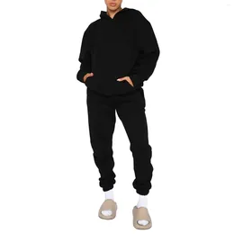 Zweiteilige Damenhose, langärmeliges Sweatshirt- und Hosen-Set mit Taschen, Sport-Outfits, einfarbig, lässig, mit Kapuze, Kordelzug