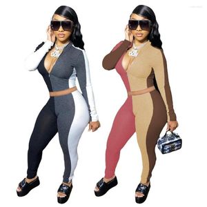 Pantalon deux pièces pour femmes Ensembles à manches longues pour femmes Patchwork 3 couleurs Survêtements Sportswear Crop Top Sexy Stretchy Stripe Knitted Fabric 2 PCS