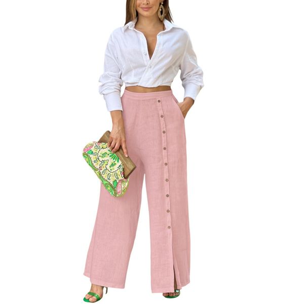 Pantalones de mujer Primavera y novedad de verano Pantalones abiertos de cintura alta Moda para mujer Pantalones casuales sueltos de algodón y lino de un solo pecho