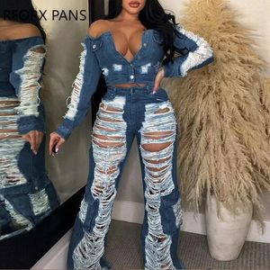 Pantalon de deux pièces pour femmes Femmes Off Épaule Bouton Veste déchirée Tops Bas Multi Poches Pièces Denim Ensemble