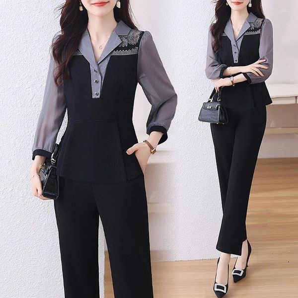 Pantalons de femmes deux pièces Femmes Bureau Lady Oversize Patchwork Sets 2024 Spring Fashion Turn Collar Elegant 2pcs Female Tenues costumes Black