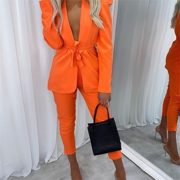 Conjunto de calças femininas de duas peças, blazer frontal aberto, top, outono, 2 peças, trajes de clube sexy, gravata frontal, conjunto de calças laranja, terno, streetwear 220922