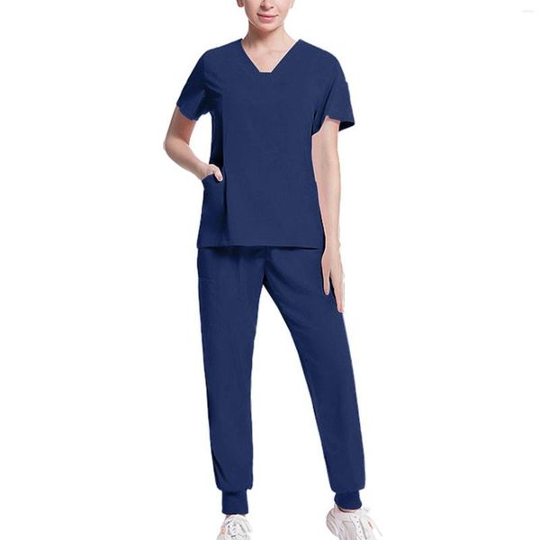 Pantalon deux pièces pour femmes tenue décontractée à manches courtes col en V couleur unie t-shirts de travail soignés haut avec poche et ensemble Long