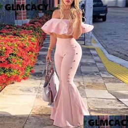 Pantalones de dos piezas para mujer Trajes de mujer Off Shoder Ruffle Crop Tops y Flare 2 Set Summer Club Party Festival 210721 Drop Entrega Ap Dhrrb