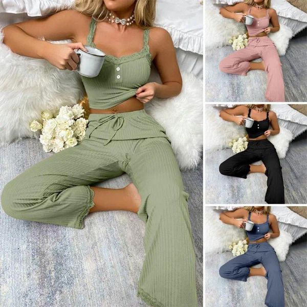 Pantalones de dos piezas para mujer, conjunto de pijama con encaje recortado con cordón en la cintura, camiseta sin mangas de corte bajo, ropa de casa de verano 2 para mayor comodidad