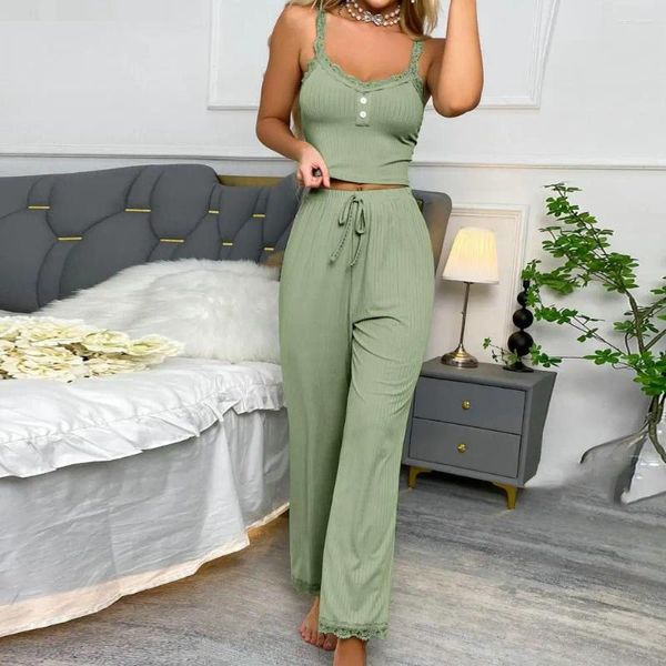 Pantalon de deux pièces pour femmes Femmes Pyjama Ensemble dentelle élégante garnie de cordon de serrage taille basse débardeur été homewear