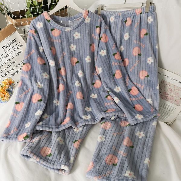 Pantalones de dos piezas para mujer, conjuntos de pijama para mujer, pijamas cálidos de dibujos animados de franela para otoño e invierno, dulce ropa de dormir con estampado de frutas, moda femenina bonita para chicas