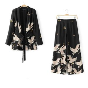 Dames Tweedelige Broek Dames Palazzo Vintage Kledingsets Kraanprint Blazer Wijde Pijpen Retro Broek Vrouwelijke Vogel Outfit Past 231124