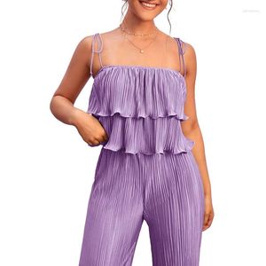 Pantalones de dos piezas para mujer, conjuntos de pantalón para mujer, ropa de verano, camisolas con volantes escalonados de Color sólido, camisetas sin mangas, cintura elástica, pierna ancha