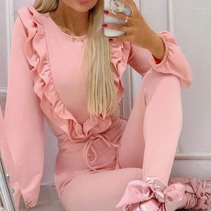 Pantalon de deux pièces pour femmes Femmes Rose Couleur Survêtement Ensemble Élégant Automne Casual O Cou À Manches Longues Pulls Top Lady