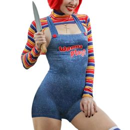 Tweedelige broek voor dames, speelfilmkarakter-bodysuit Chucky Doll-kostuumset Halloween-kostuums voor vrouwen Enge nachtmerrie Killer-pop 231007