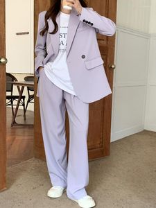 Femmes deux pièces pantalons femmes violet Blazer 2 pièces ensemble solide Double boutonnage veste bureau dame taille haute costume femme mode coréenne