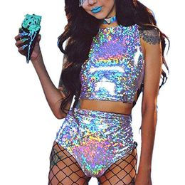 Dames tweedelige broek vrouwen Raveren Holographic Bodysuit Mini 2pcs Hologram Metallic Crop Top en shorts Outfits voor Dance Party Clubwear 230504