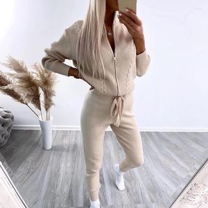 Pantalon de deux pièces pour femmes Femmes côtelées Twist Pull tricoté Tenues Automne Zipper Coat Tie-Up Crayon Costume Hiver Chaud Ensembles de haute qualité