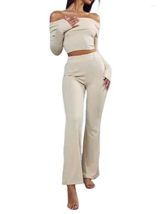 Dames tweedelige broek dames S 2 outfits off-shoulder bijgesneden shirt met lange mouwen elastische taille bootcut set streetwear