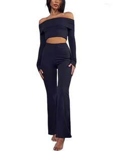 Pantalon de deux pièces pour femmes S 2 tenues épaule dénudée manches longues chemise courte taille élastique bootcut ensemble streetwear