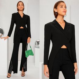 Pantalones de dos piezas para mujer Gasa negra para mujer 2 piezas Trajes de mujer modernos con cinturón Blazer Pierna ancha Ropa de trabajo formal Madre de la