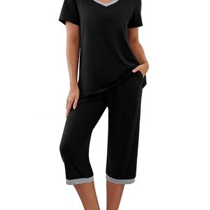 Pantalon deux pièces pour femme Ensemble pyjama imprimé floral pour femme Haut à manches courtes et pantalon élastique pour une détente confortable et un sommeil réparateur 231021