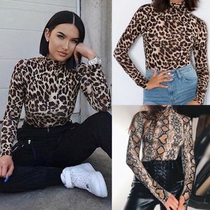 Pantalones de dos piezas de dos piezas Bodysuit de leopardo para mujeres sexy para el cuerpo del cuerpo flaco Turtleneck manga larga