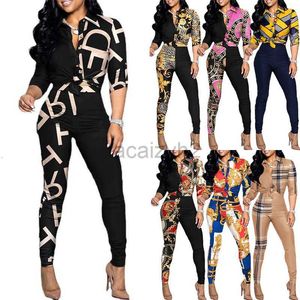 Dames tweedelige broek Dames Nieuwe Casual Pak Color Blocking Printing Druk met lange mouwen Rapel Shirt Casual Pants tweedelige set maat plus twee-delige sets